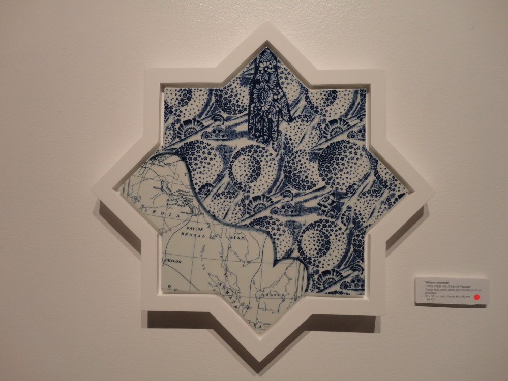 William Anderson 'China Trade Tile: A Secret Passage'. Medium: cobalt blue paint, decal and transfer print on porcelain.